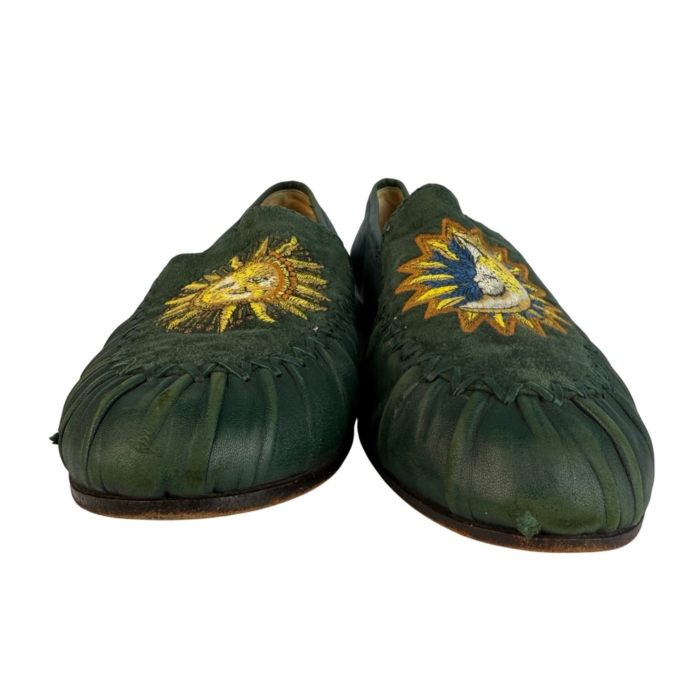 Susan Bennis Warren Edwards Leather Loafers Green Sun Moon Embroidery Italian - Picture 4 of 13